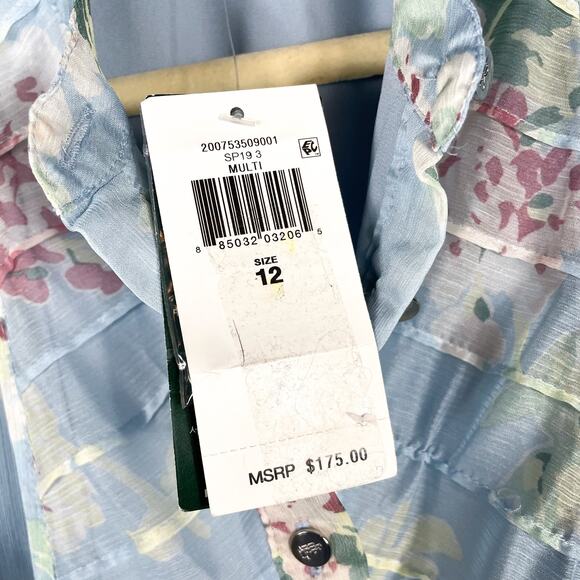 Lauren Ralph Lauren Ruffle Midi Dress Blue Floral Belted Chiffon Sz 12 - Picture 9 of 10